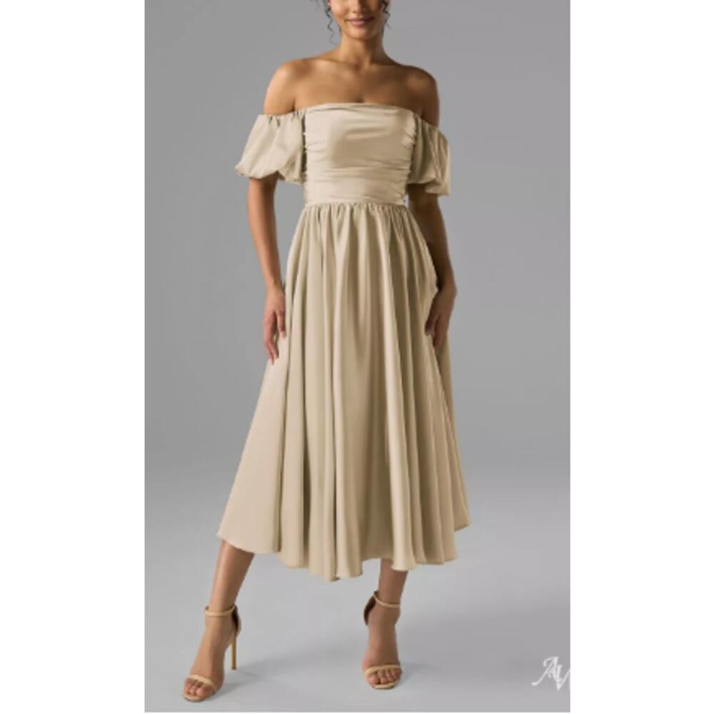 AW BRIDAL 8 M champagne Kye satin bridesmaid cocktail party midi dress NEW B29